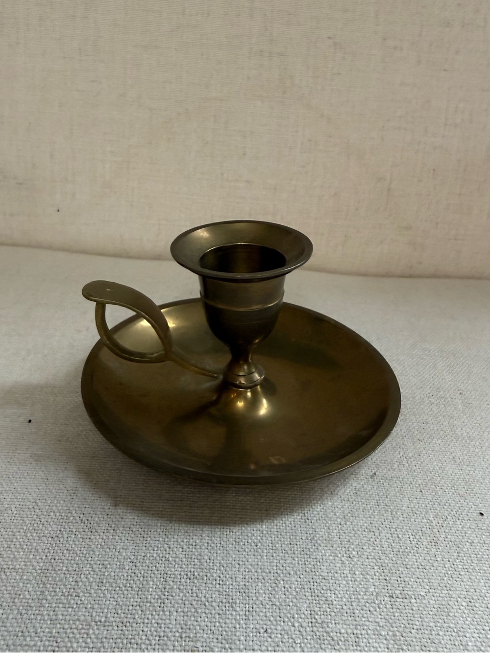 Small Polished Brass Chamberstick Candle Holder With Handle Round Drip Pan